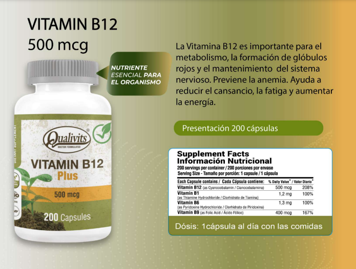 VITAMINA B12 PLUS 500mcg- Qualivits- 200 capsulas. - Imagen 2